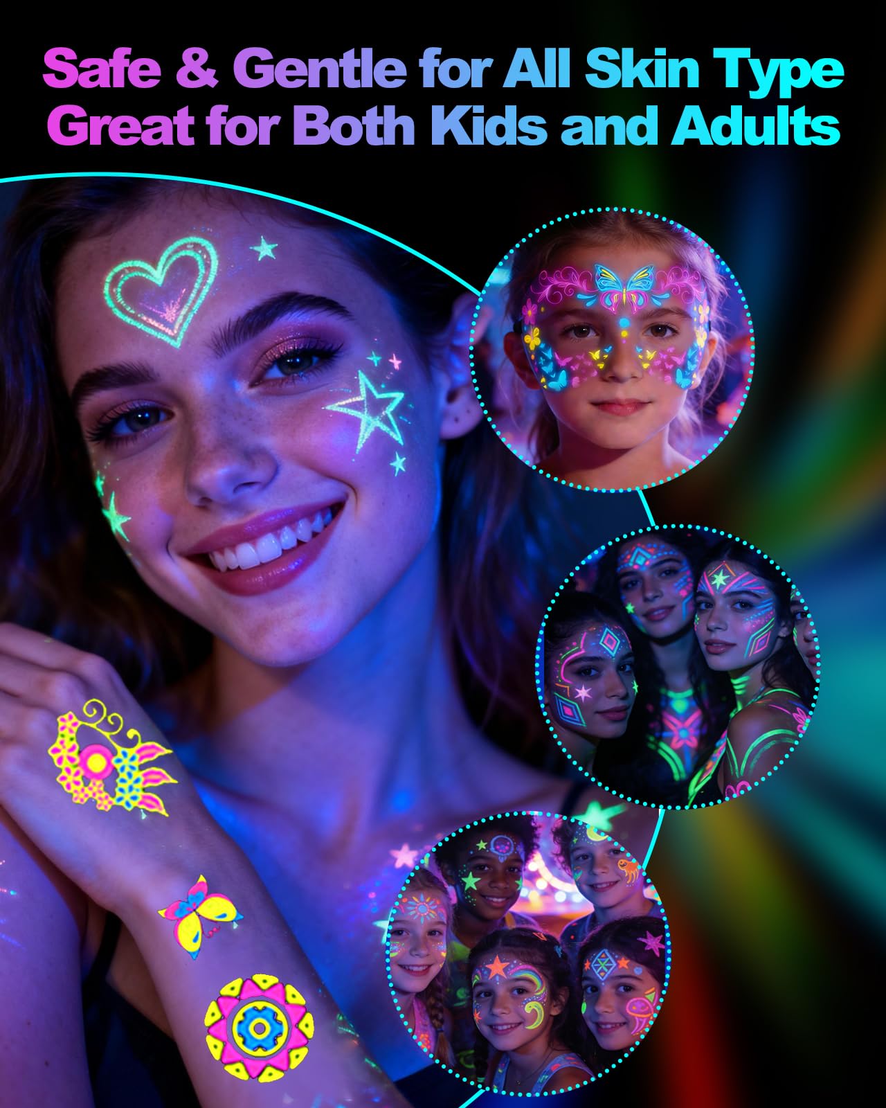 Glow Party UV Gesichts- & Körpermalstifte, Neon Schwarzlicht Bodypaint Marker, fluoreszierende Tattoo Stifte mit Leuchtstickern