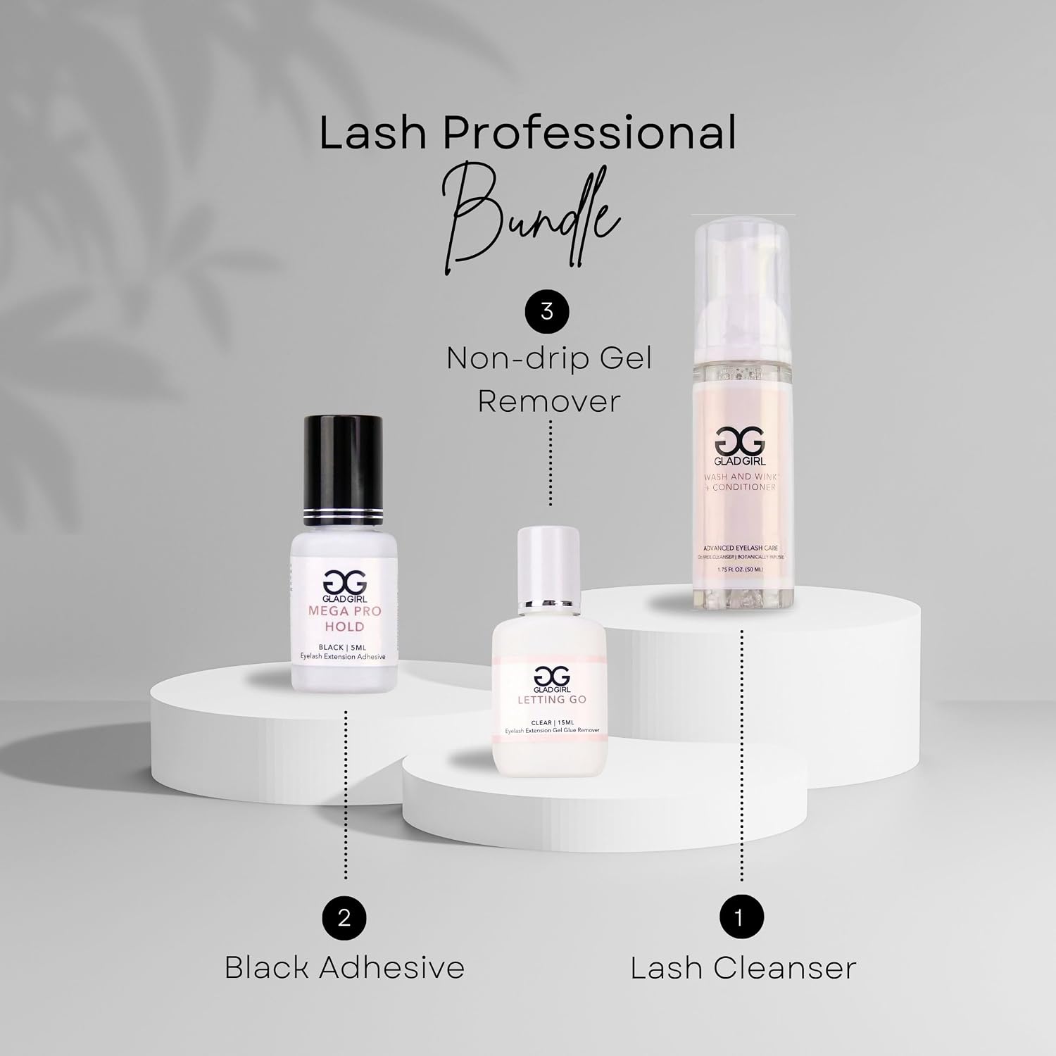 GladGirl Mega Pro Hold False Lash Extension Glue (5 ml), Odorless Lash Adhesive Remover (15 ml), and Wash & Wink Lash Cleanser (50 ml)