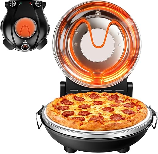 12'' Electric Pizza Oven Pizza Maker with Stone Base, 1200W Countertop-Pizza-Maker Thermostat Control, 5 Temp Levels Adjustable and 15min Timer Portable Tabletop Oven