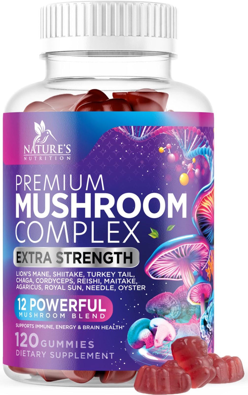 Mushroom Gummies Supplement 12 in 1 - High Grade Blend for Adults - Lions Mane, Reishi, Cordyceps, & Chaga Mushroom Complex Gummy - Memory & Immune Support & Nootropic Brain Supplements - 120 Gummies 120 Count (Pack of 1)