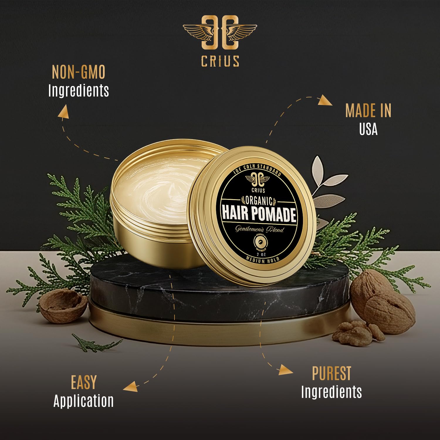 Hair Pomade for Men - Certified Organic Pomade with Vegan Ingredients (Chronos And Creed), Natural Hair Balm for Strong Hold & Scalp Care (2 Fl Oz)