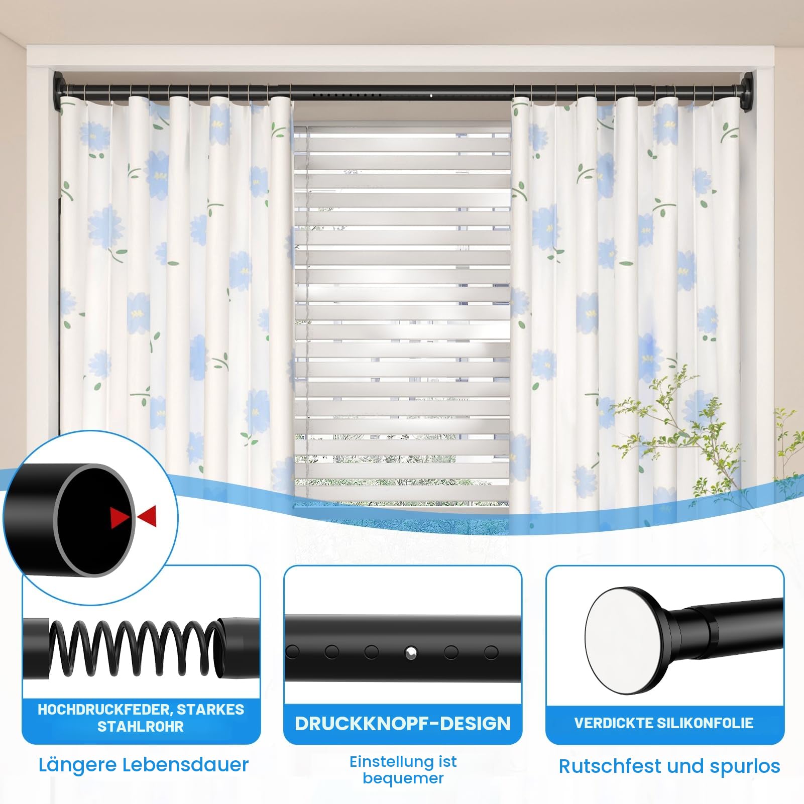 WELDUN Gardinenstange ohne Bohren 98-150cm Vorhangstange ohne Bohren Φ32mm Duschvorhangstange inkl 2 Wandsockel Teleskopstange Klemmstange für Badezimmer und Fenster Kleiderstange Schrank Schwarz