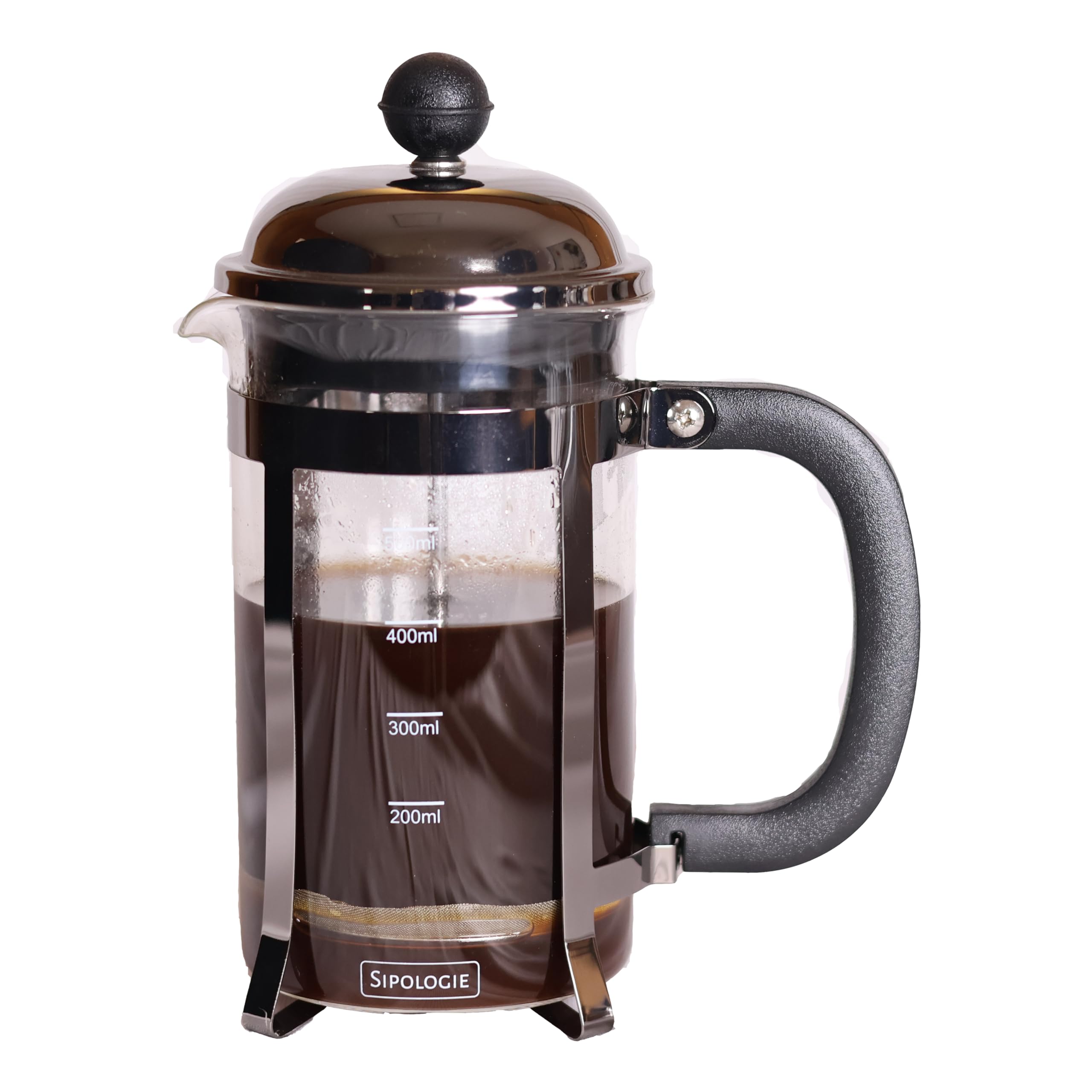 Sipologie Vintage French Press Coffee Maker 600ml, Black I 4-Level Filtration I Heat Resistant Borosilicate Glass I Stainless Steel Housing | Measurement Marking, Coffee Spoon, Extra Filter Mesh