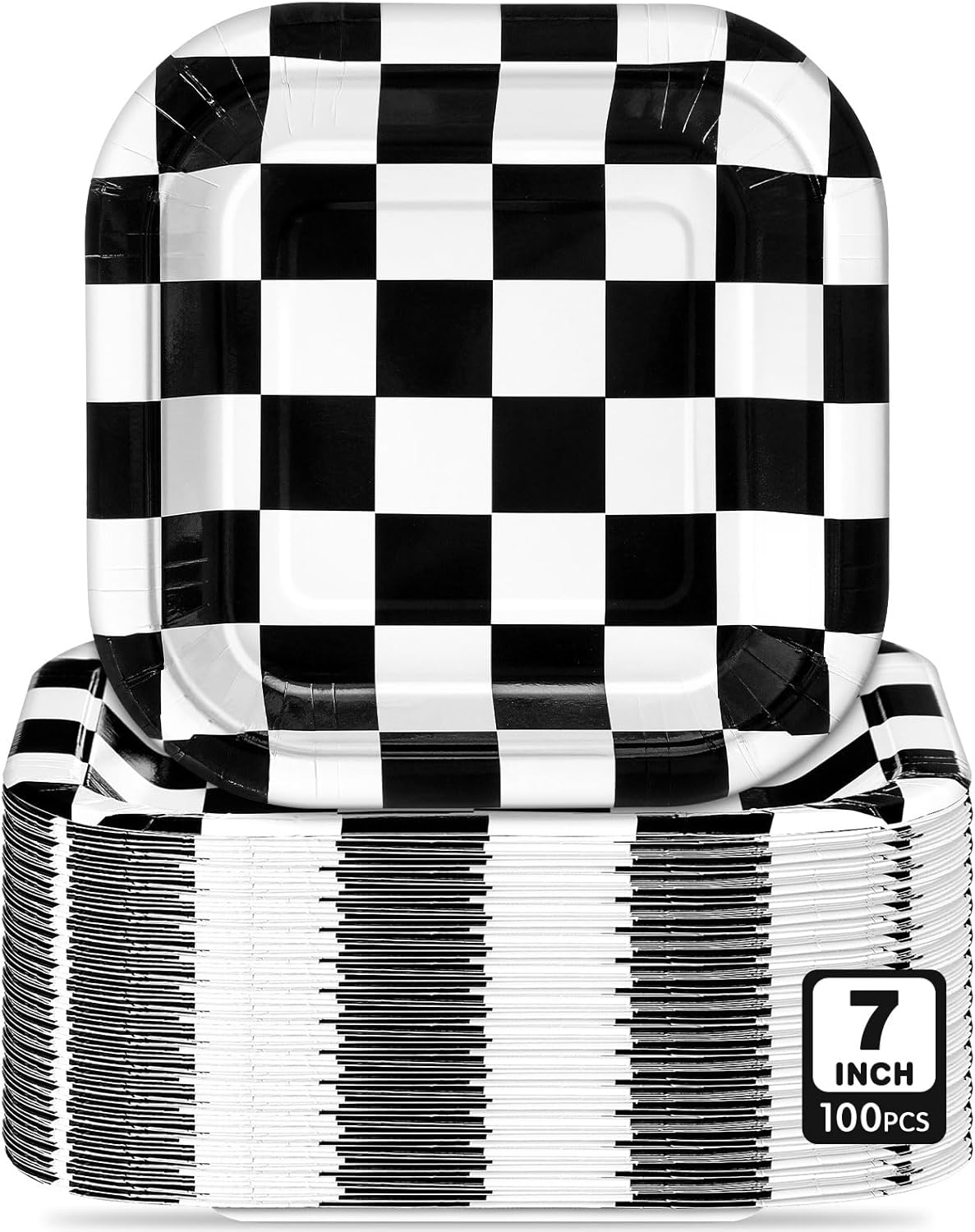 100 Pcs Black and White Checkered Dessert Plates Bulk 7 x 7 Inch Racing Paper Plates Disposable Square Checkered Paper Plates for Birthday Baby Shower Party Supplies