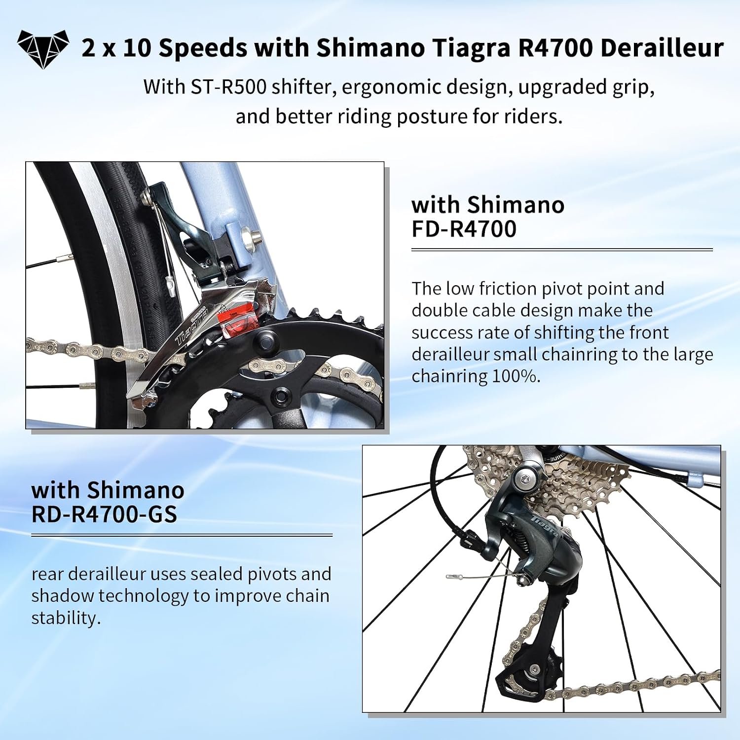 TRIFOX Aircraft-Grade Aluminum Road Bike with Shimano Tiagra 4700 20-Speed Racing Bicycle for Adult, Full Hydroformed Tubing Frame, 700C Wheels and Double V Brake
