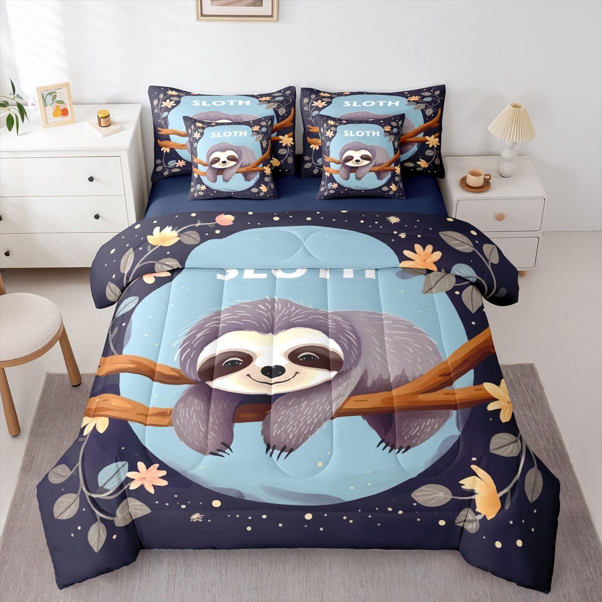 Feelyou Cute Baby Elephant 7 Piece Bedding Set Queen Size Kawaii Cloud Star Pattern Comforter Set with Sheets for Kids Boys Girls Teens Blue Grey Bed in a Bag Lovely Print Bed Set