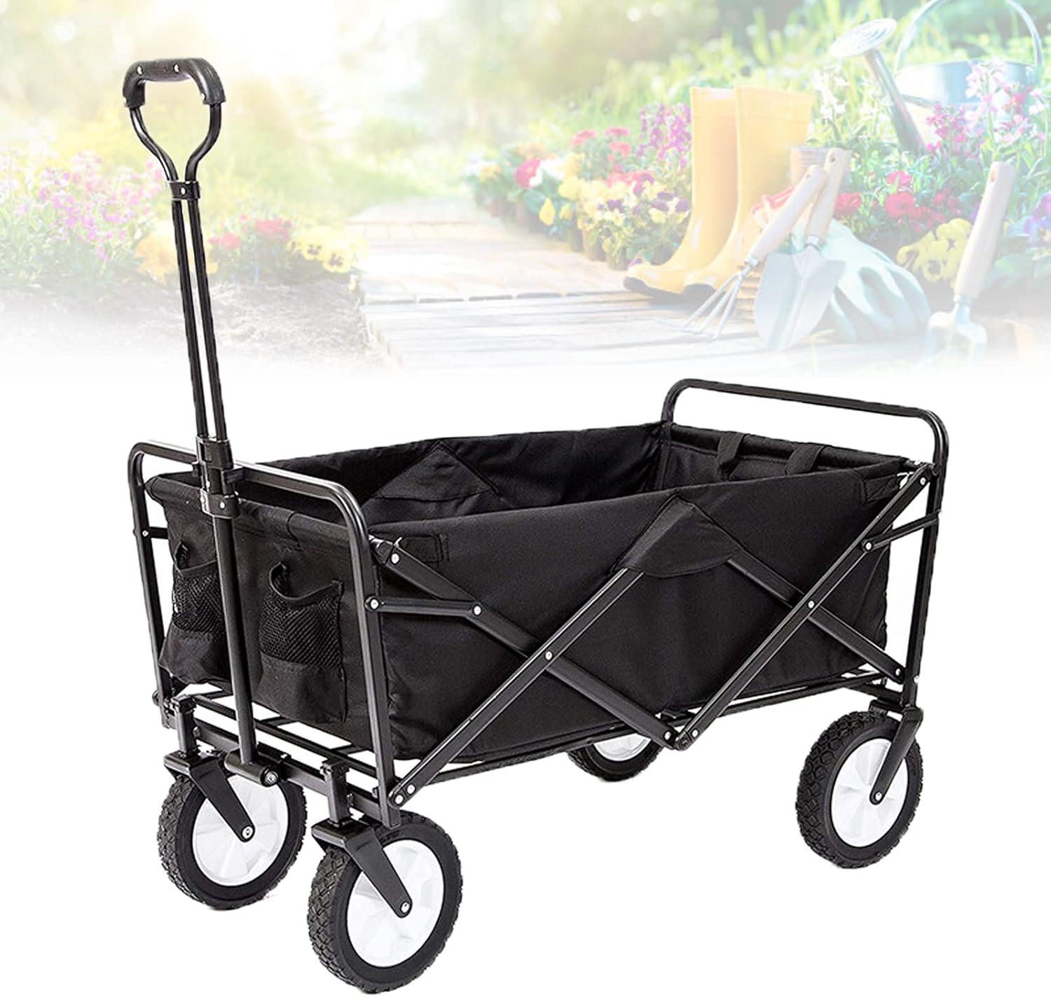 Beach Wagon Heavy Duty Cart, Portable Garden Cart 4 Wheel Festival Trolley with Side Bag Cup Holder Camping Wagon for Shopping Grocery Sports Equipment Tailgating (Blue)