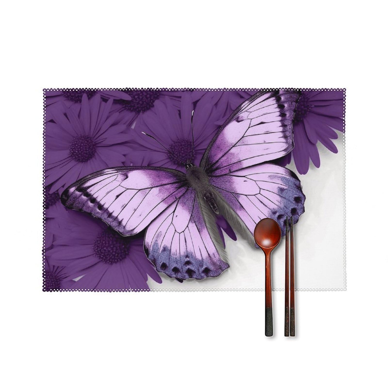 Purple Butterfly Placemats Set of 6, 12x18 Inch Heat Resistant Washable Canvas Table Mats, Stain Resistant Decorative Dining Placemats for Kitchen, Restaurant, Outdoor Party