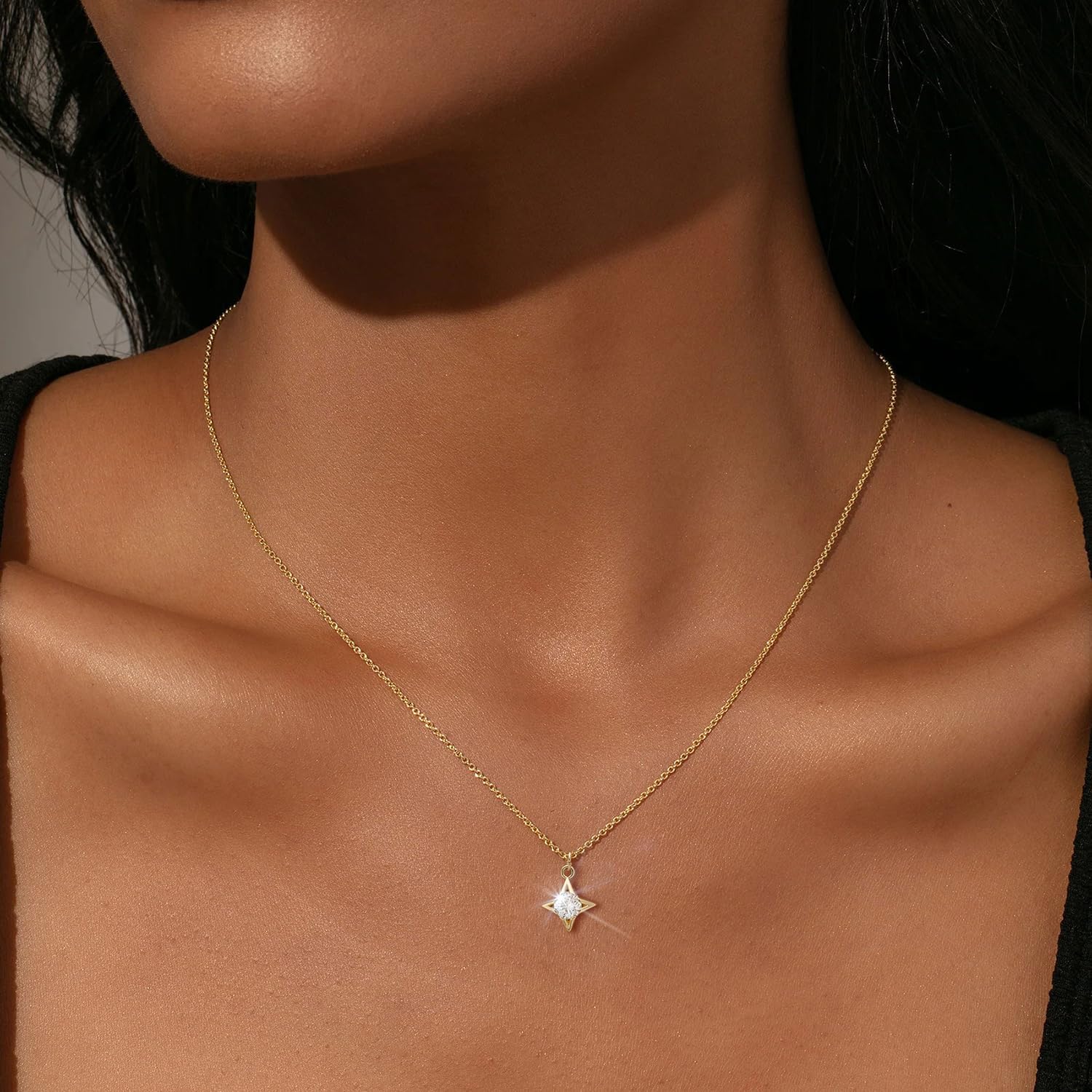 Dainty Necklace - 14k Gold Plated/White Gold Plated Cubic Zirconia Accented Cross, Teardrop, Polaris North Star,Clover Sparkle Dainty Necklace for Women - Image 2