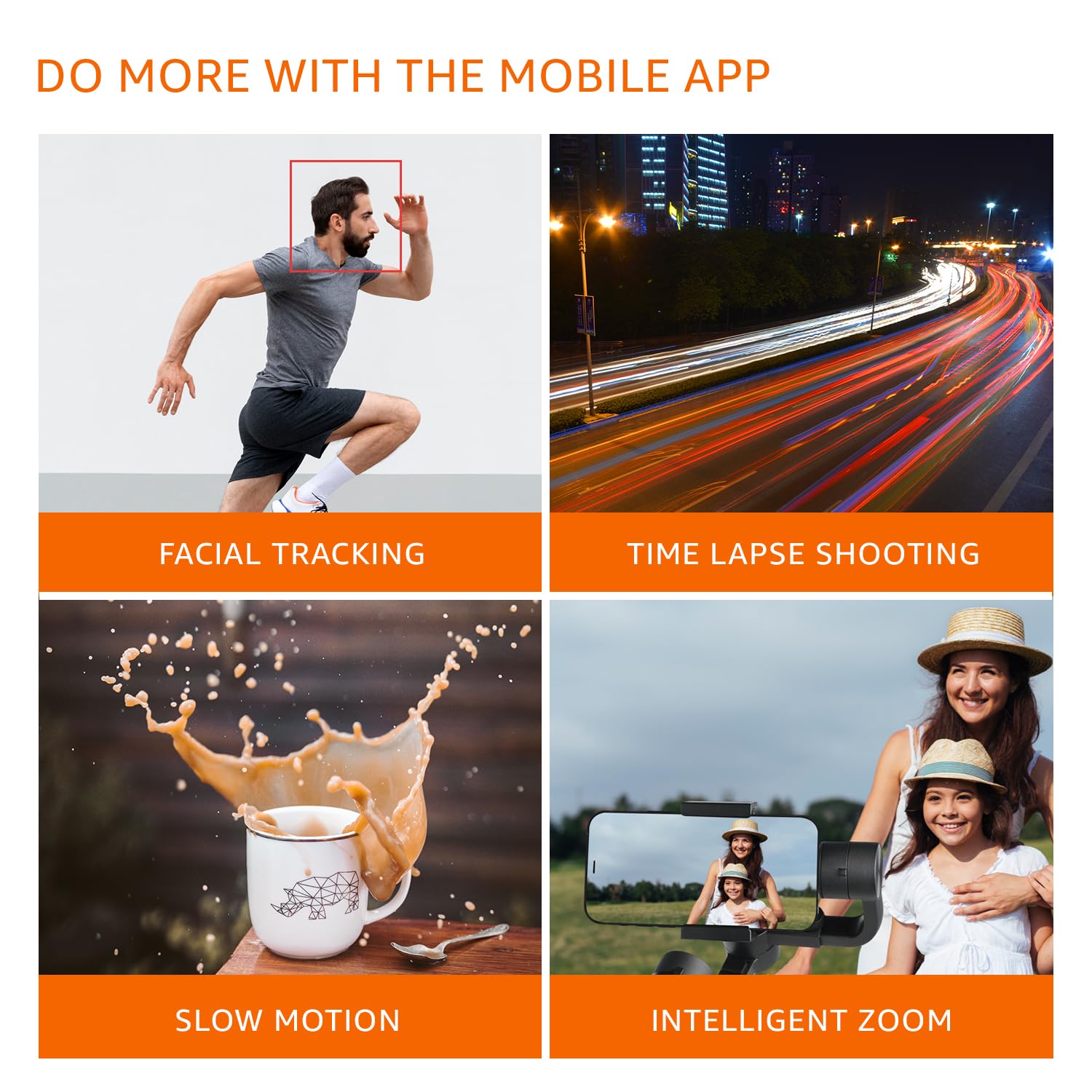 Screenshots of mobile app features: Facial Tracking, Time Lapse, Slow Motion, Intelligent Zoom