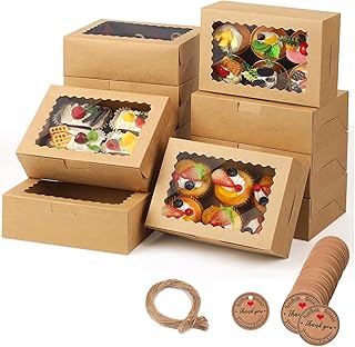 30Pcs Cookie Boxes with Window, 6 Count Cupcake Boxes with JuteTwine and Labels,9x6x3 Inch Bakery Boxes Pastry Containers Xmas Holiday Packaging for Chocolate Cookie Cupcaked Candy Muffins Donuts