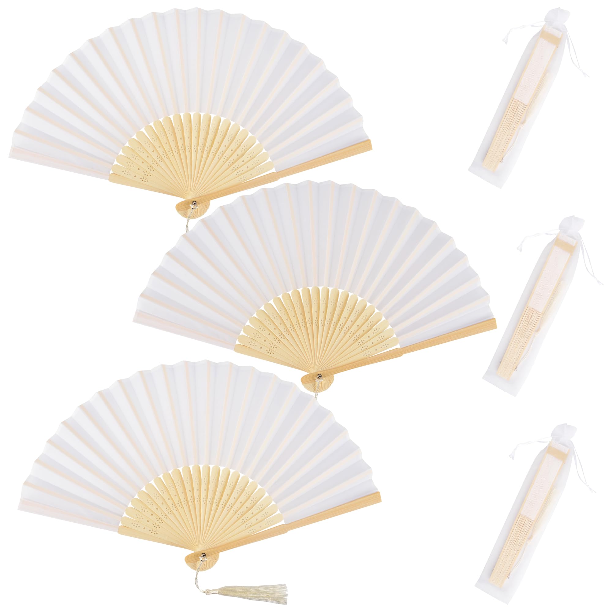 KEYIDO 3 Pack Hand Fan Folding Silk Fabric White Handheld Fan Bamboo Hen Party Fans Bulk with Tassel for Weddings Wall Decoration Dancing — image 1