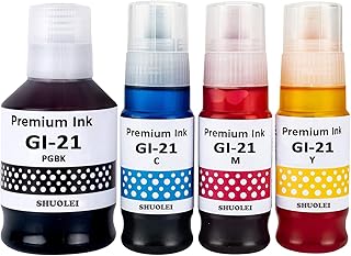 SHUOLEI Compatible Refill Ink Bottles GI21 GI-21 Compatible with Canon GI21 GI-21 Work for Canon Pixma G3270 G3260 G2260 G1220 G1230 G2270 G4270 Printers (4-Pack, Black Cyan Magenta Yellow)