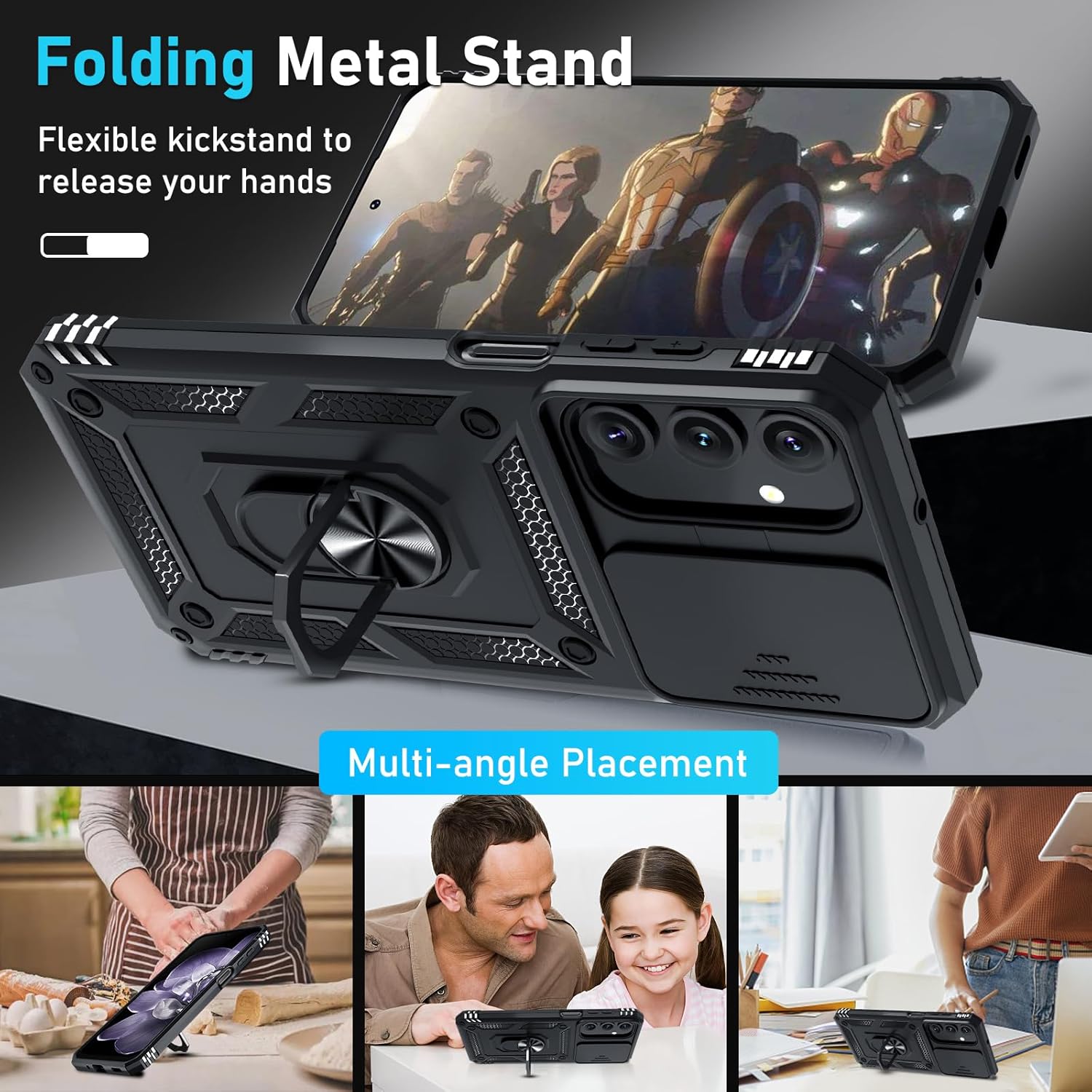 Janmitta Compatible with Samsung Galaxy A16 5G/4G Case Built in Slide Camera Lens Cover+Screen Protector+Finger Ring Holder Kickstand,Heavy Duty Shockproof Full Body Phone Cover,2025 Black Samsung Galaxy A16(6.7 Inch) Black image 2 of 8 B0DJ7617K6