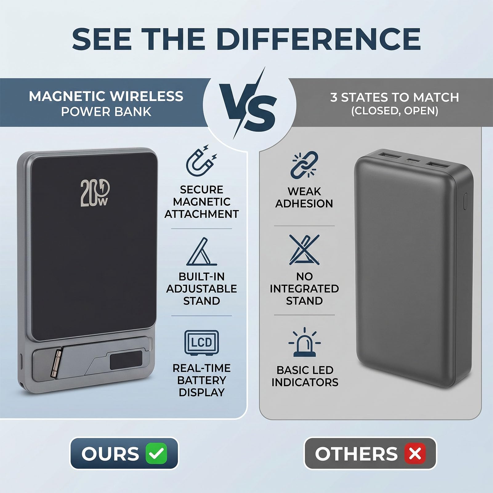 Banco de Energía Inalámbrico Magnético, Cargador Portátil Inalámbrico 3 en 1, Banco de Energía con Soporte Incorporado Apto para Teléfono iOS 12 a 17 USB C 10000mAh 20W (Grey)