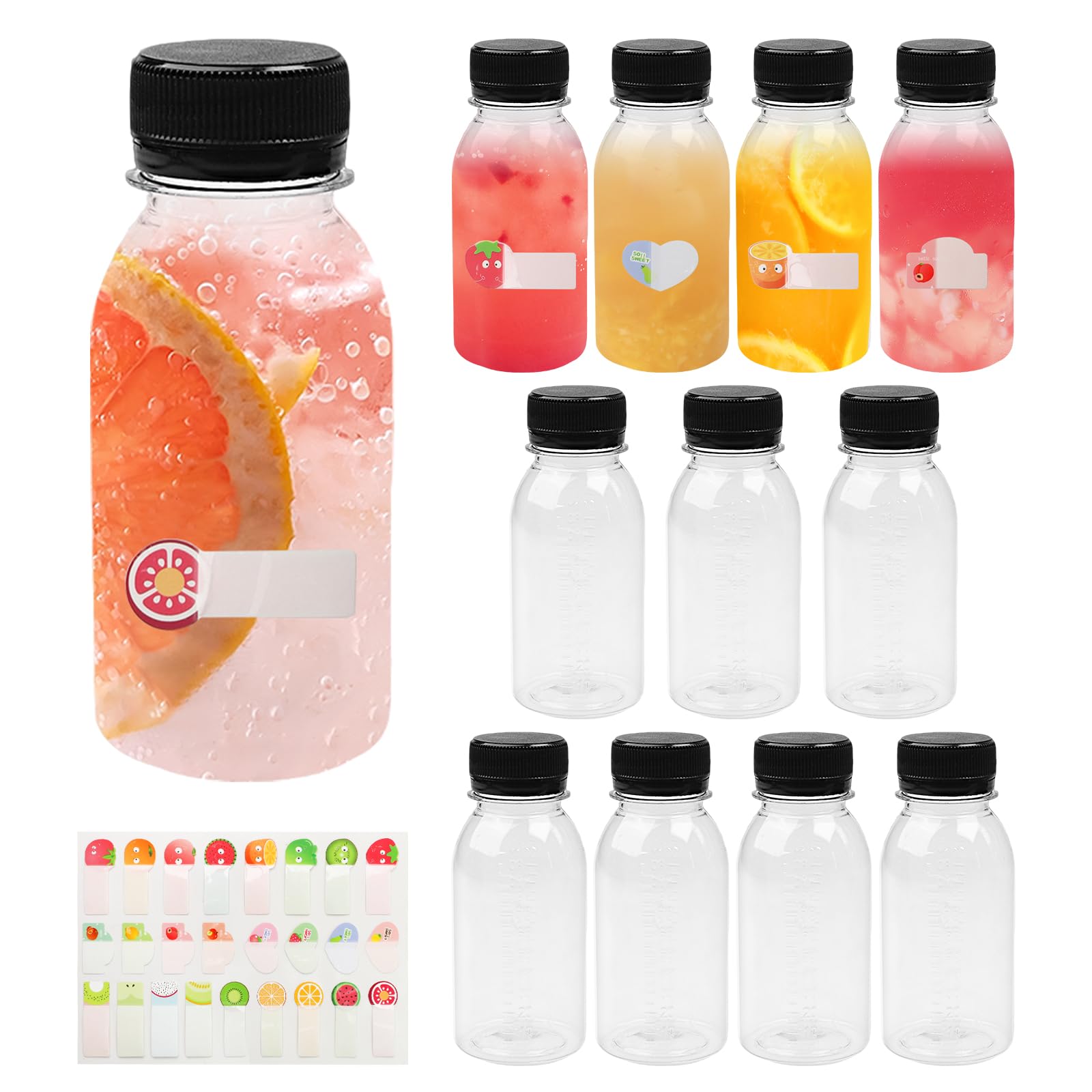 12pcs Juice Shot Bottles with lids, 100ml Small Plastic Bottles with Lids