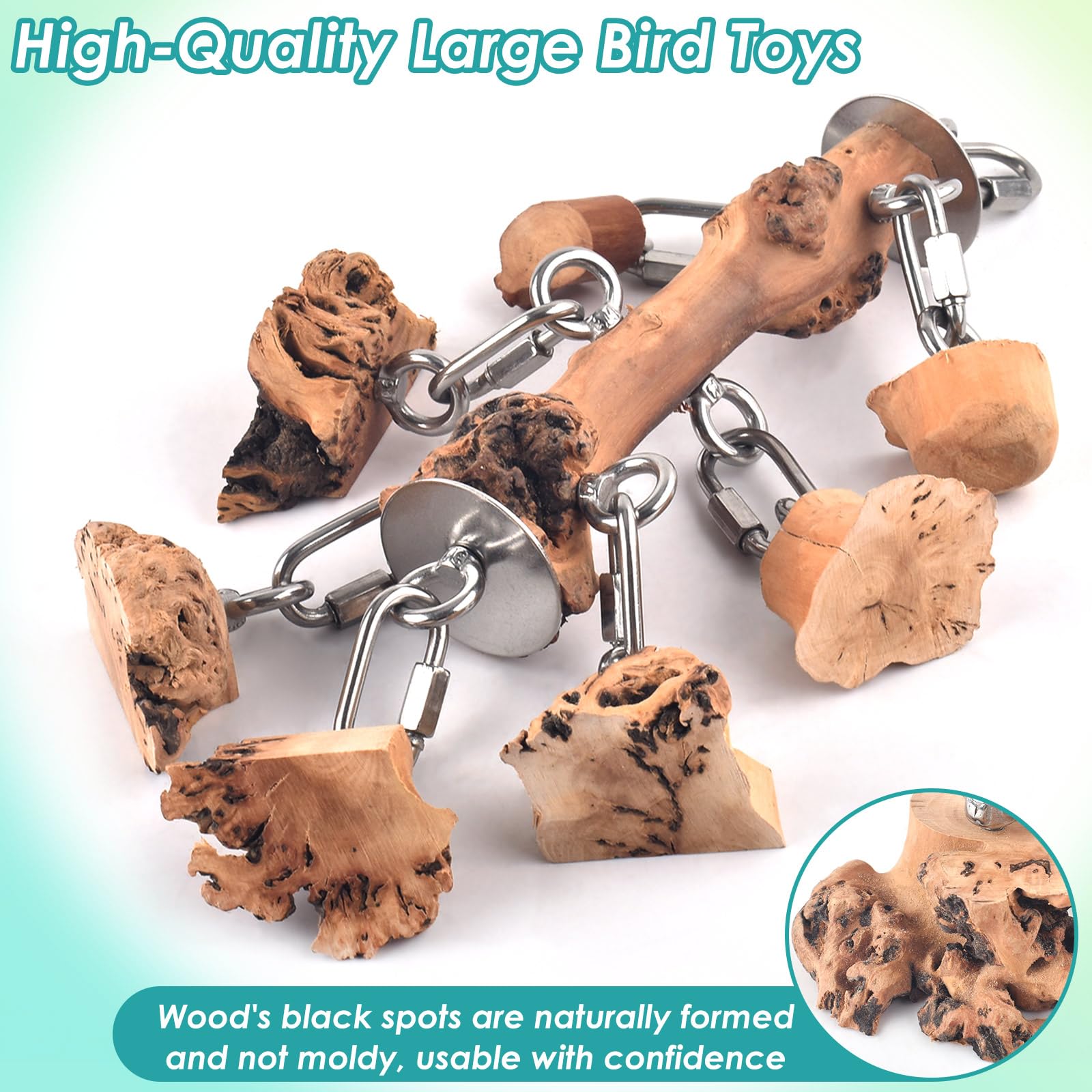 Bird Toys for Parrot, Durable Stainless Steel Large Birds Chew Toy, Hanging Detachable Natural Hardwood Blocks for Medim to Large Eclectus, African Greys, Amazon Parrot, Cockatoo - image 5