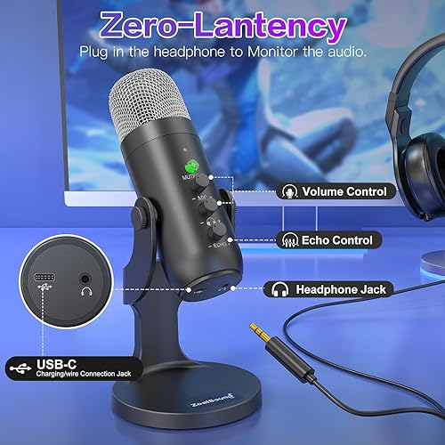 Miniatura 5 de ZealSound Micrófono inalámbrico, micrófono USB para iPhone, PC, iPad, teléfono Android, micrófonos inalámbricos con monitor de eco silencioso,