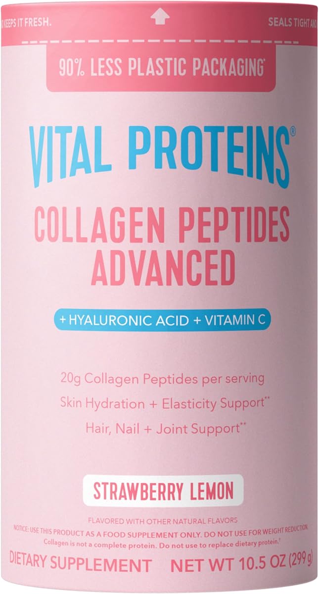 Péptidos de Colágeno Avanzados, Limón Fresa, 10.5oz | Ácido Hialurónico y Vitamina C, Apoya la Piel y las Uñas, Péptidos de Colágeno, Sabor a Limón Fresa, 13 Porciones