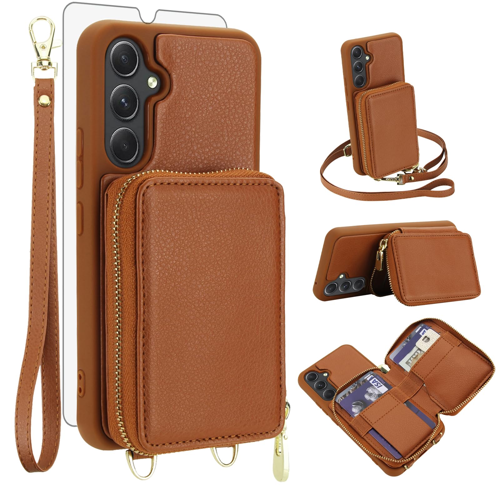 Photo 1 of Phone Case for Samsung Galaxy A15 5G/4G Wallet Cell Cover with Tempered Glass Screen Protector Wrist Crossbody Strap Lanyard Stand RFID Blocking Credit Card Holder A 15 G5 15A Women Men Girls Brown