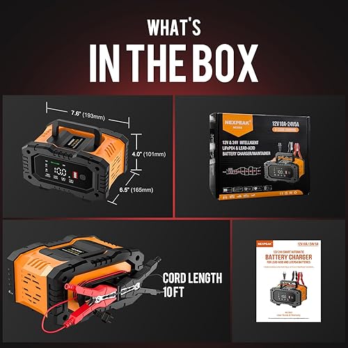Miniatura 8 de NEXPEAK NC202 - Cargador de batería de 10 amperios, LiFePO4 de 12 V y 24 V, cargador de batería portátil de plomo ácido de 8 etapas, cargador de