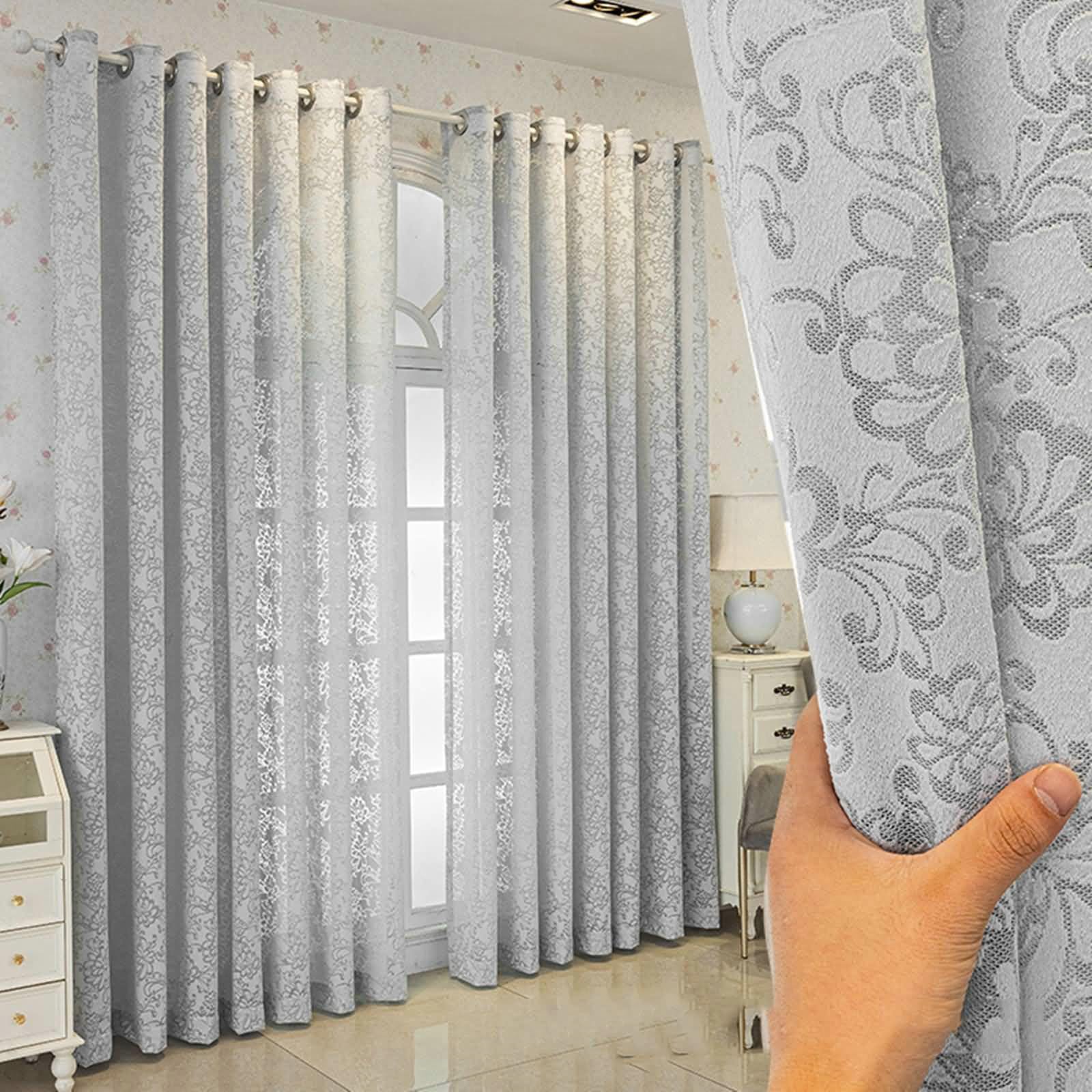 Półprzezroczyste zasłony poliestrowe, 240 cm, 2 panele, z żakardowymi przelotkami w kwiaty, do salonu, sypialni, każdy panel, 107 x 240 cm dł., srebrno-szare
