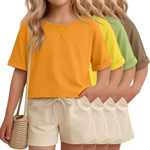 Oakgarden 4 Pack Girls Oversized Crop Shirts, 4-Color, 7-8 Years