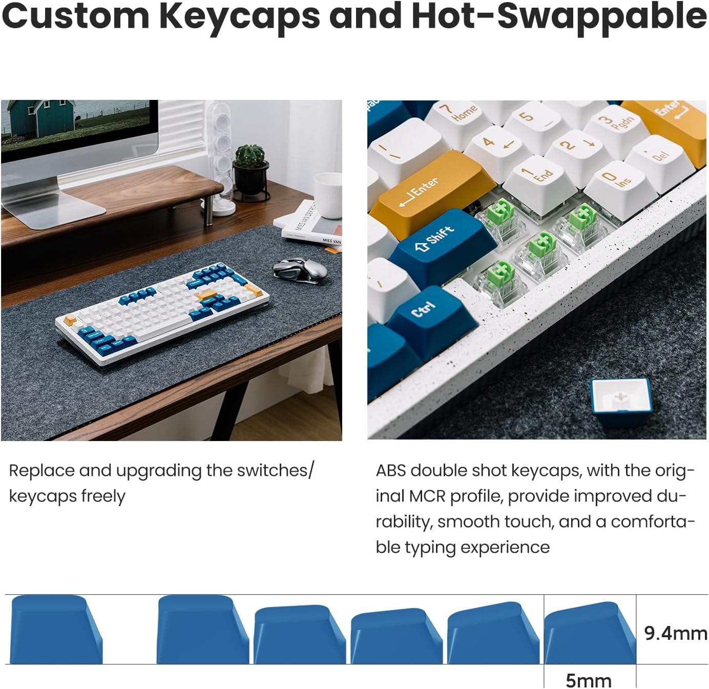 Primer pla view of hot-swappable switches and keycaps