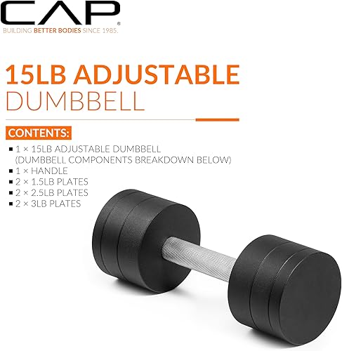 Miniatura 2 de CAP Barbell Mancuerna ajustable de 15 libras, peso compacto de hierro fundido Múltiples opciones