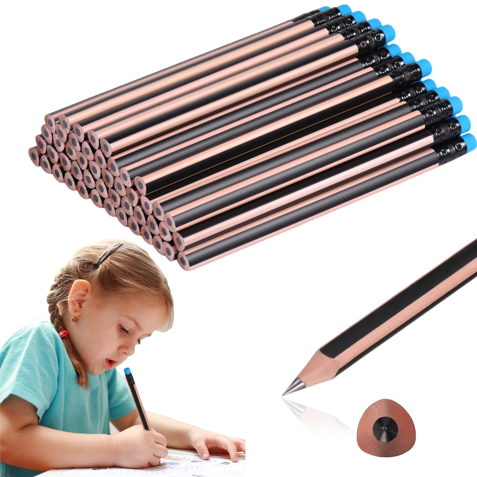 Seajan 48 Pcs 6b Jumbo Pencils, Big, Fat, Thick, Triangular Grip 7 Inch Large Pencils Refill with Eraser for Beginners Office Christmas Gifts(Black)