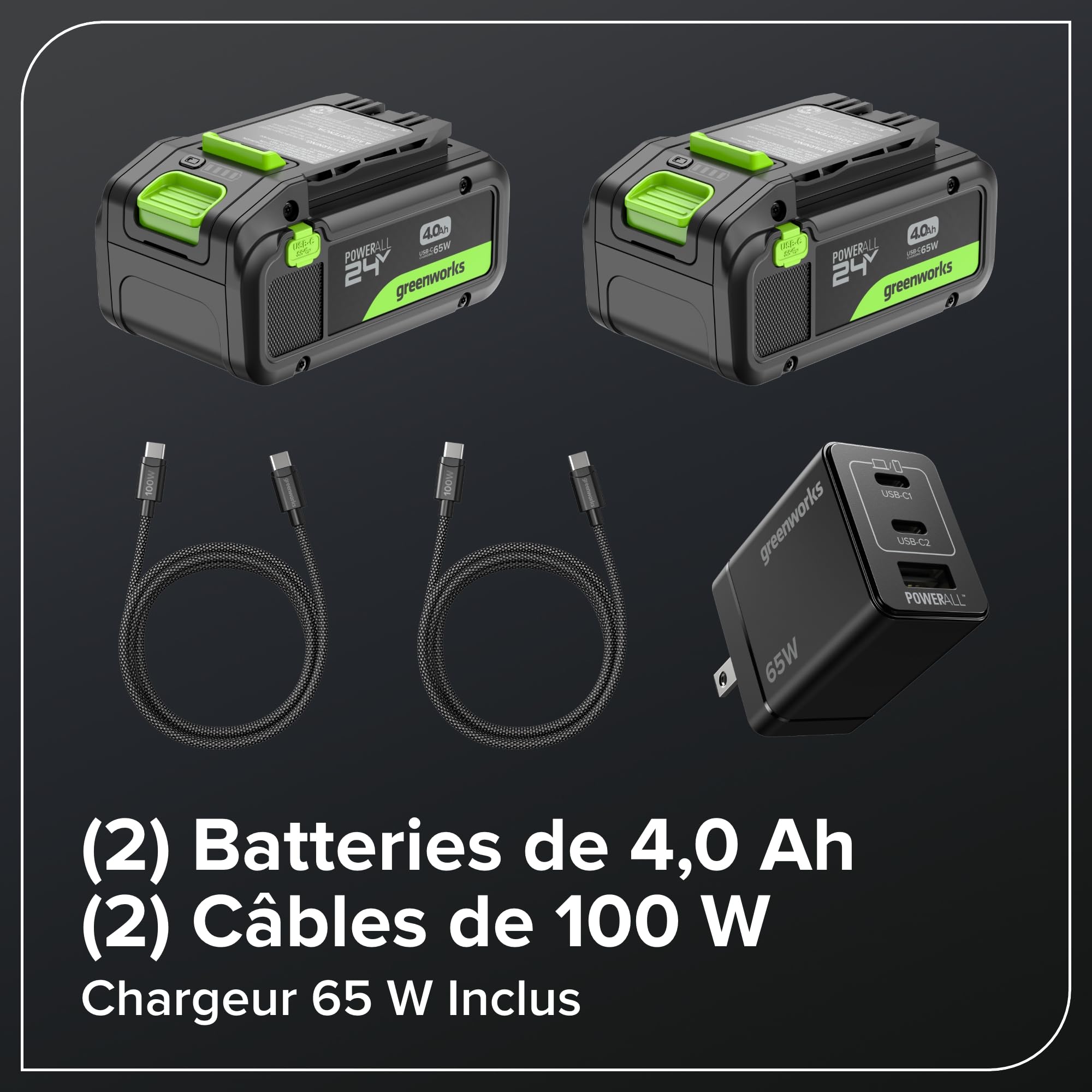 Greenworks Fraise à Neige sans Fil 48V 30cm 20cm 2 Batteries 4,0 Ah 65W USB C Chargeur SS3002