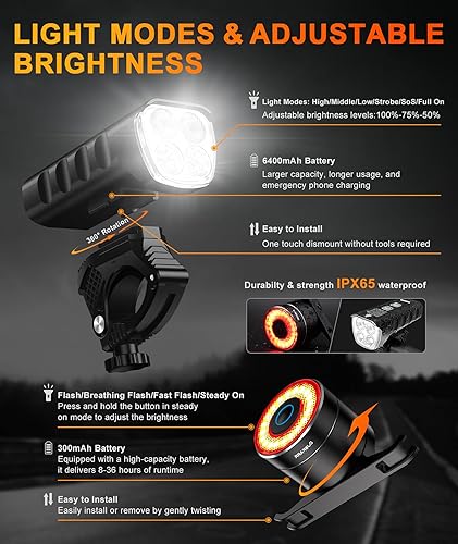 Miniatura 3 de Front Bike Light or Front Headlight & Back Taillight Set, 2000 Lumens Super Bright Road Mountain Ebike Lights, Rechargeable & 6400mAh Ultra-Long