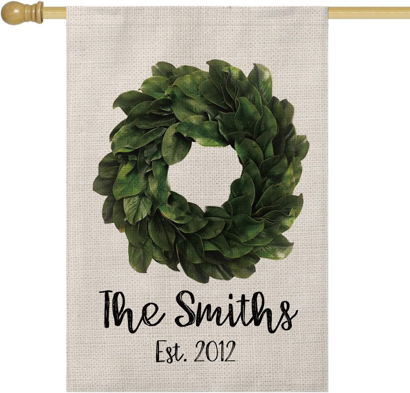 Smile Personalized Spring House Flag, Customized Family Last Name and Establish Year Laurel Leaf Wreath, Double Sided 28 x 40 Inch Rustic Farmhouse Burlap Yard Outdoor Decoration
