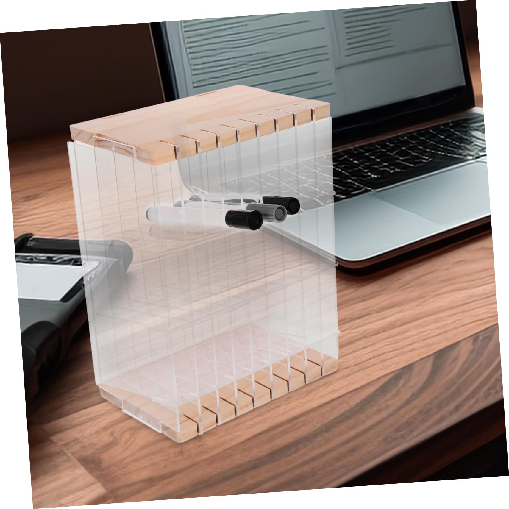 LALAFINA Multifunktionaler Stiftehalter 108 Stifte aus Acryl und Holz mit Fächern Je Regal Sicher Abgerundete Kanten für Schreibtisch und Büro