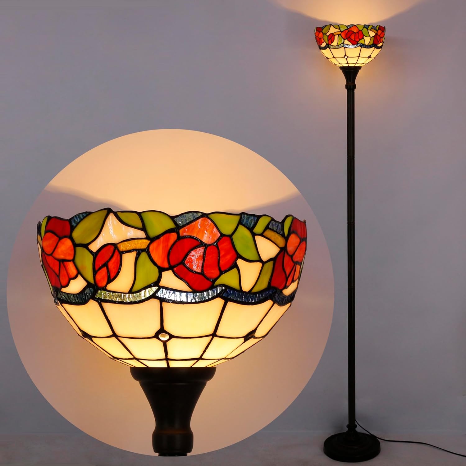 Tiffany Torchiere Floor Lamp Stained Glass Rose Flower Style Standing Corner Torch Uplight 12X12X72 Inch for Bedroom Living Room Home Office