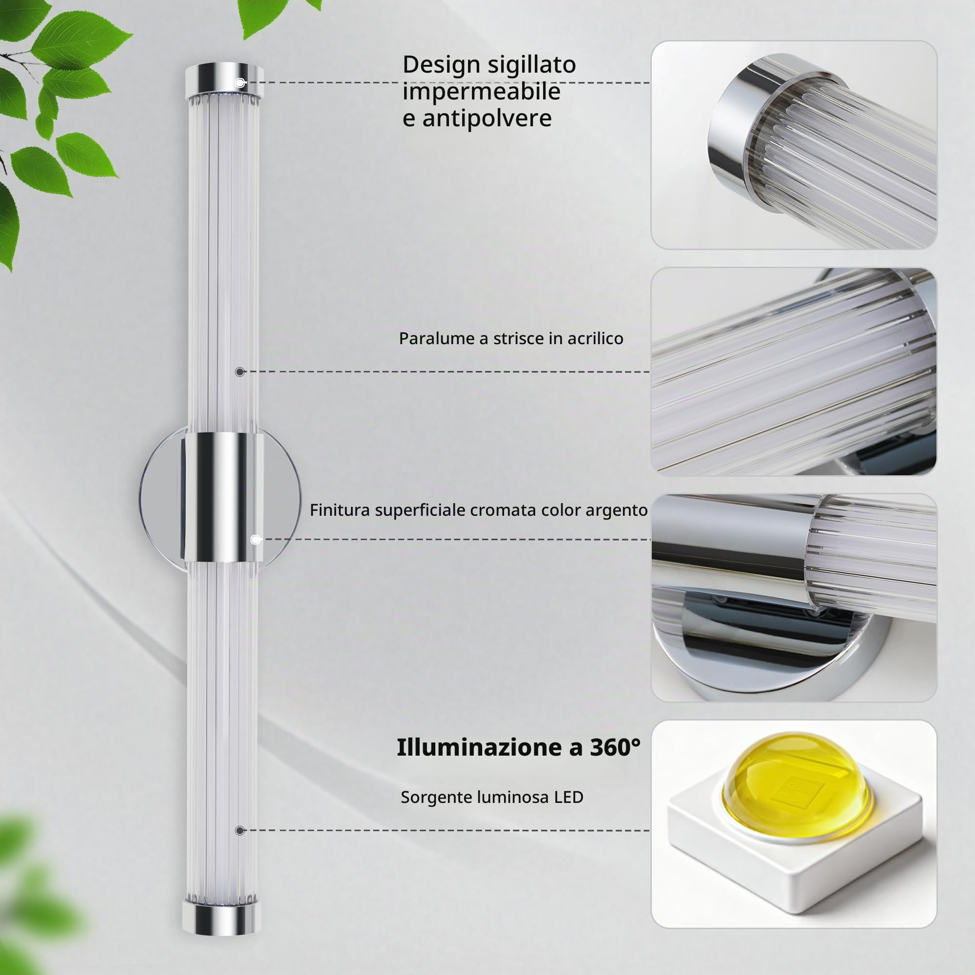 MantoLite Lampada Specchio LED 60cm da Bagno Cromatura a Parete Murale | Lampada led bagno 12w 3cct orientabile 360° ip44 ideale per specchio e illuminazione quadri design moderno