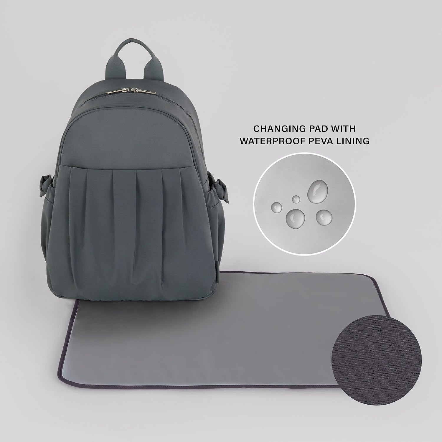 Motherhood Gathered Pocket Backpack Diaper Bag - Large Capacity Baby Bag for Travel, Changing Pad with Waterproof Peva Lining, Insulated Pockets & Stroller Straps, Gray