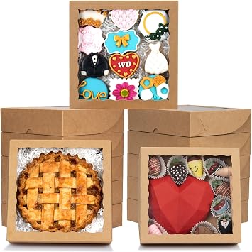 RomanticBaking 24pcs 10x10x2.5 Inches Brown Bakery Boxes with Window Cookies Boxes Pie Boxes Chocolate Covered Strawberries Boxes Cakesicle Browines Box for Christmas Valentines Day