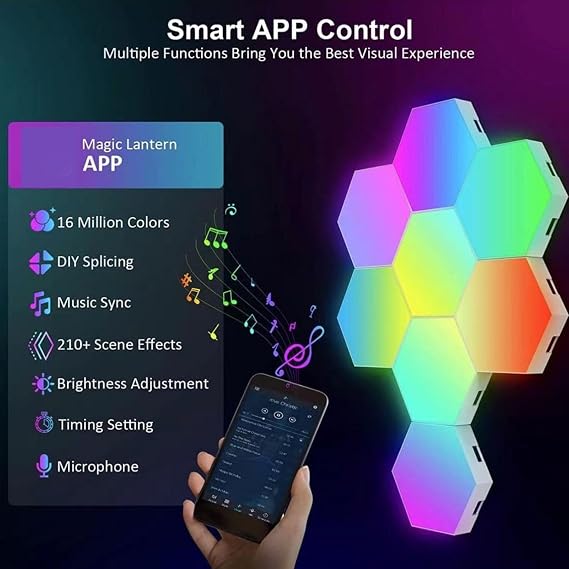 Hexagonal Light 8 Pack, Remote Controlled LED Wall Light, Music Sync DIY Modular Assembly RGB Wall Panel, with APP, Modular Light Panel DIY Geometric Splicing Gaming Light