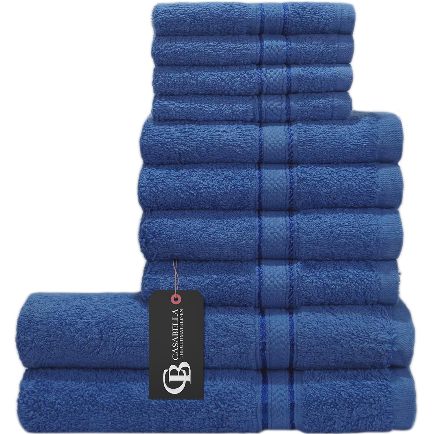 Casabella 10 Piece Luxury Soft Towel Bale Set Face Hand Bath Bathroom Towels (10 Pieces, Royal-Blue)
