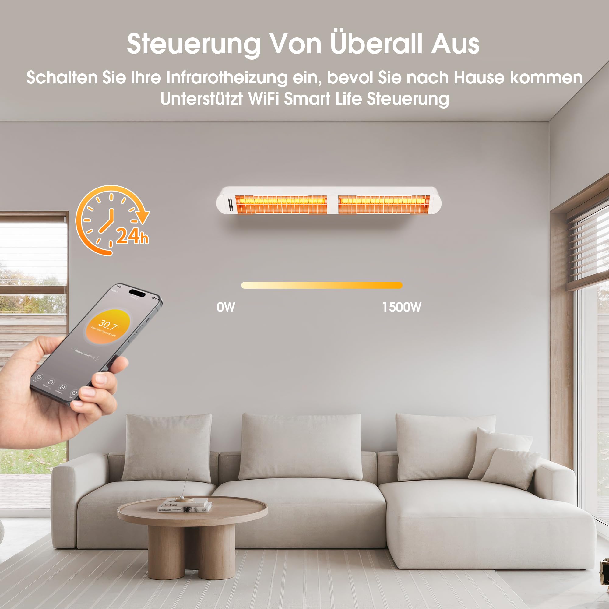 Byecold Infrarotheizung 1500W, Infrarot Heizstrahler mit Fernbedienung & WiFi APP, Wall-Mounted Hanging, Elektroheizung Wand & Deckenmontage, Innen & Außen, Terrasse, Balcony, Garten, Weiß