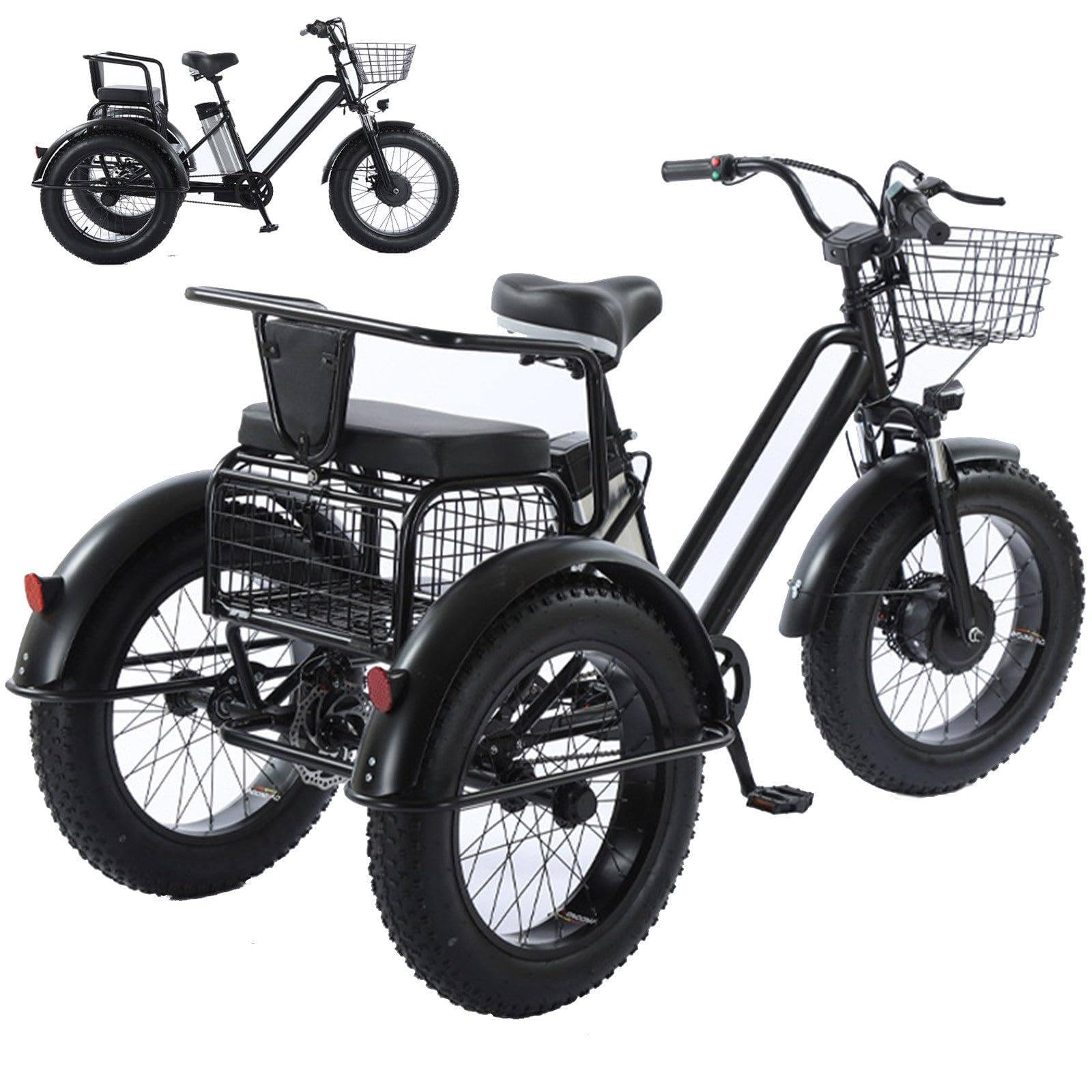 Vélo cargo électrique à pneus larges de 20 pouces, tricycle électrique pour adultes - Charge maximale de 200 kg, batterie amovible 48 V/12 Ah - Autonomie de 35 km, idéal pour les trajets domicile-tr