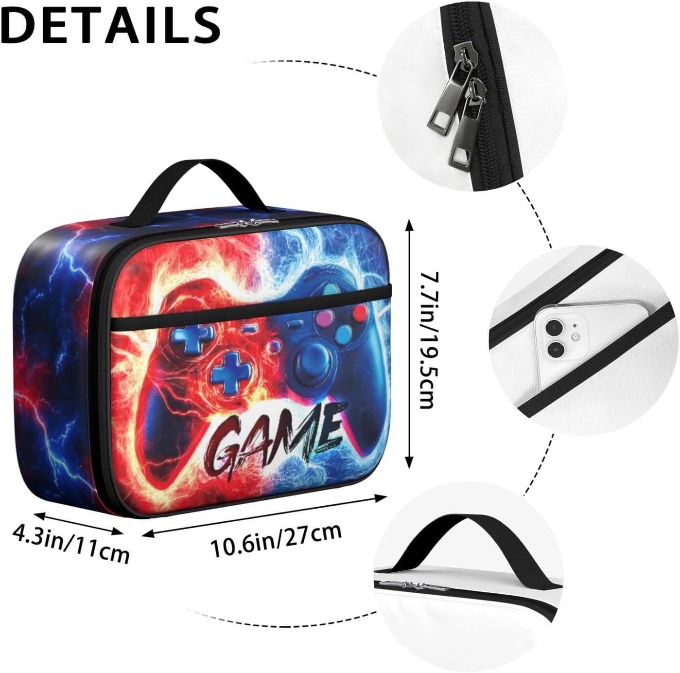 Red Blue Game Lunch Box Bag - Insulated Lunch Box for Boys Girls Kids, Zippered Portable School Lunch Container, Gaming Themed Cooler Lunchbox Bag with Handle for Kids Travel Picnic School