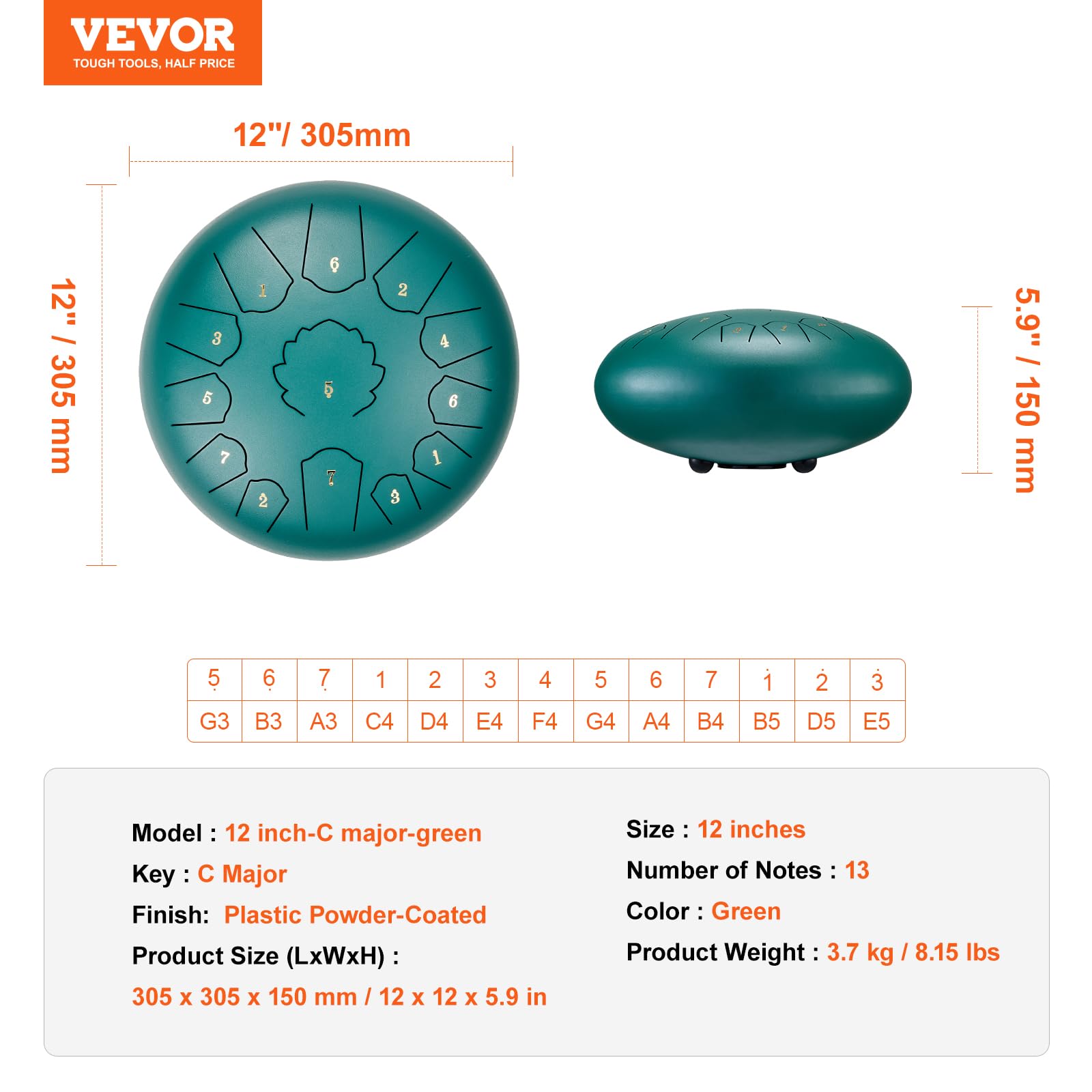 VEVOR Tamburo con Lingua in Acciaio, 305 mm 13 Toni, da Pioggia da Giardino per Esterni, Chiave di Do Maggiore, da Serbatoio, 2 Bacchette, Borsa per Trasporto, Handpan, Verde