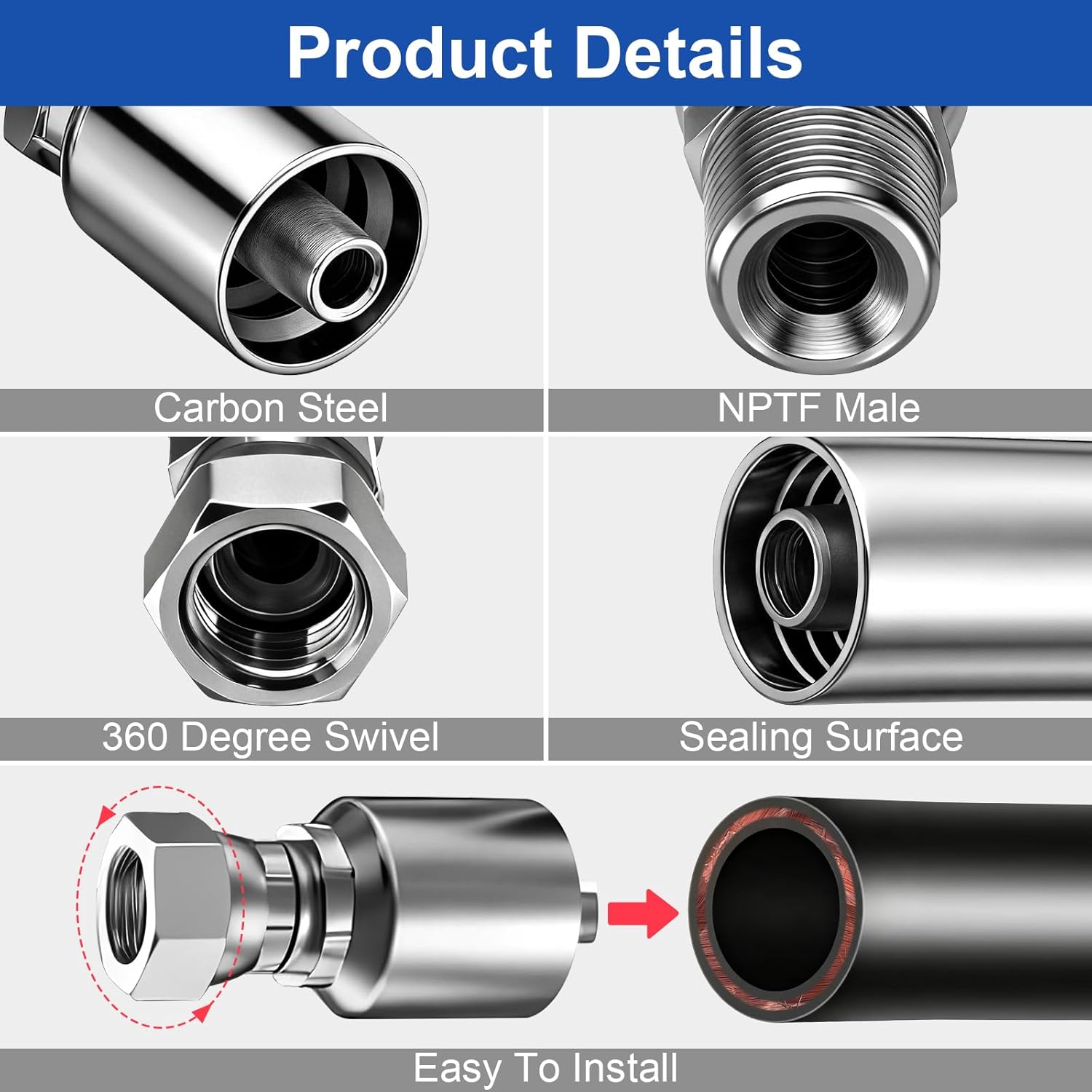 26.5Ft 3/8 inch Hydraulic Hose with 12Pcs Hydraulic Fittings, Coiled Hydraulic Line With 2 High-Tensile Steel Wire Braid,Rubber Flexible Oil Hose -20°C to 140°C