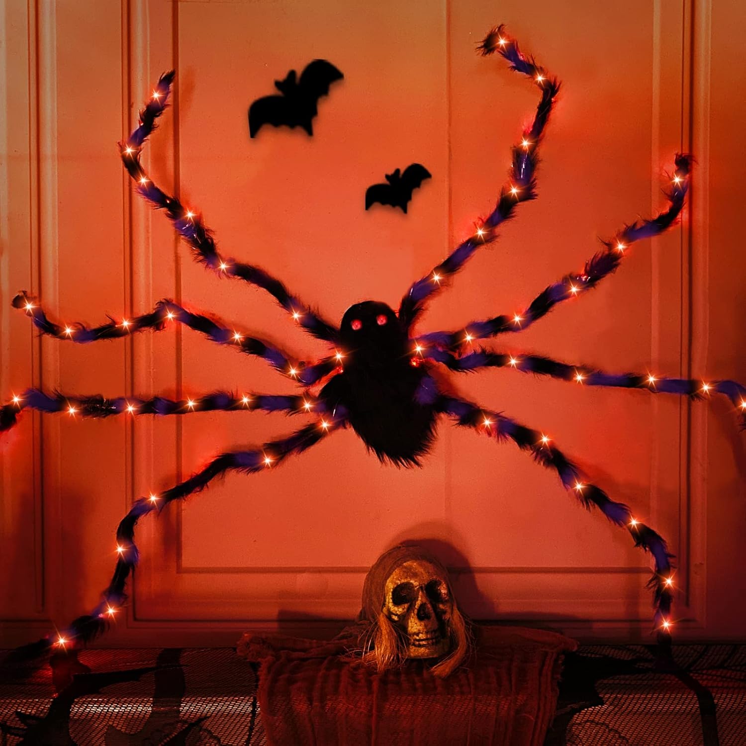 Camlinbo 80 LED Halloween Plush Spider Costume with Purple Lights for Adult Younger Halloween Accessories Decorations (63") - Image 6