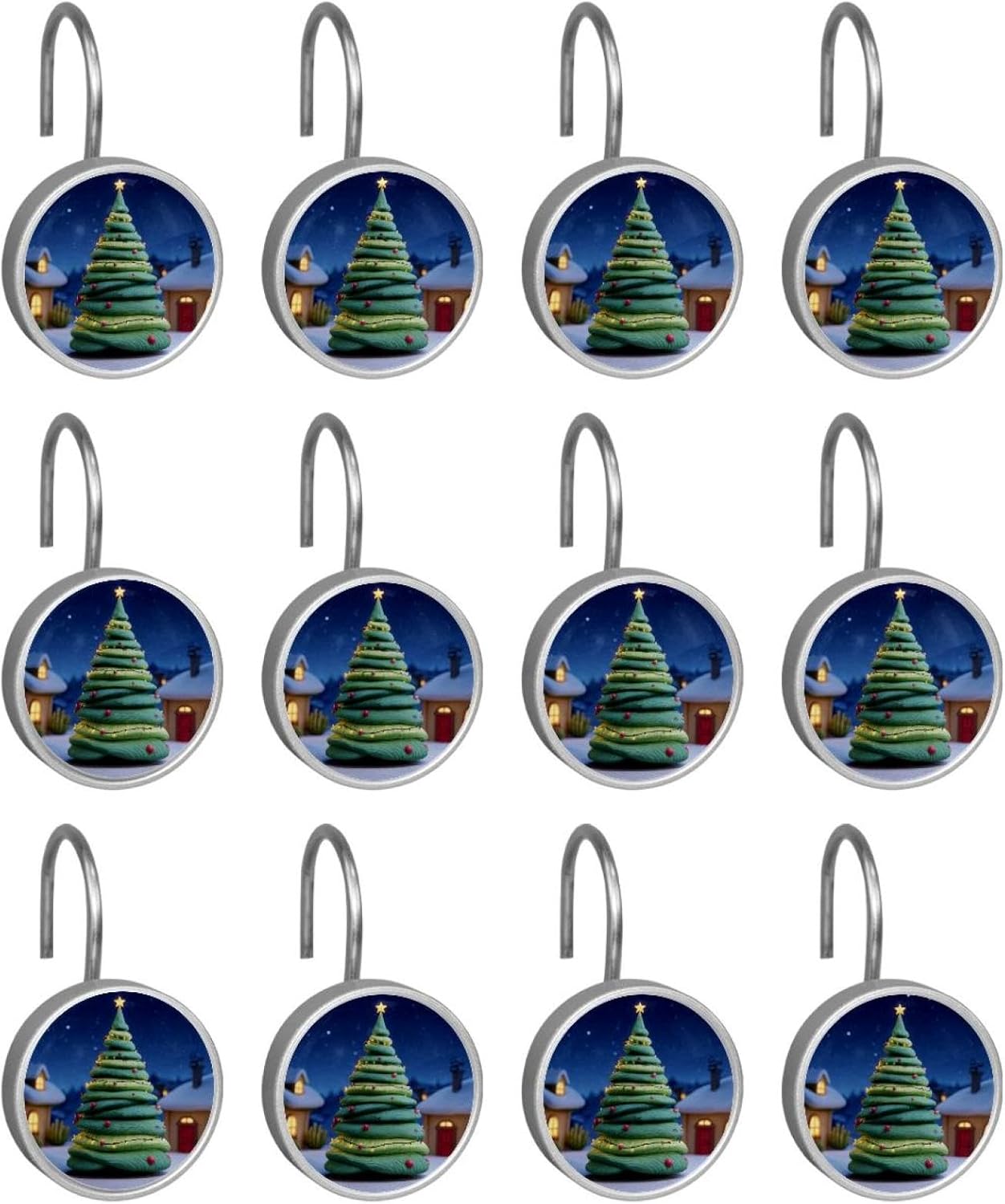 12PCS Cartoon Christmas Tree Shower Curtain Hooks Metal Rust Resistant Decorative Shower Curtain Hooks Bathroom Decorations