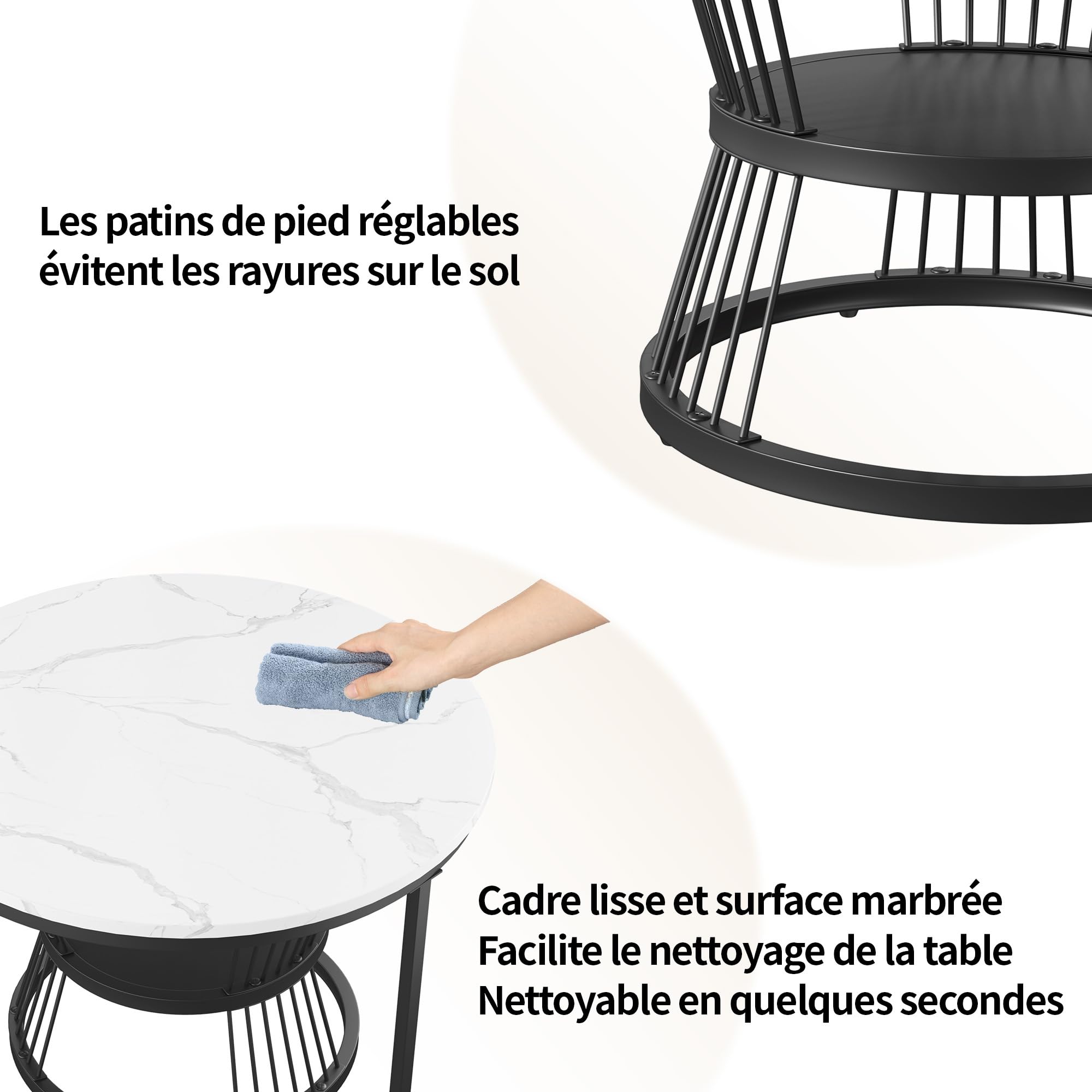 2 en 1 Table Basse Effet de Marbre Ronde Gigognes Design Moderne avec Rangement Cadre en Métal Blanc Ronde Table D'appoint pour Salon Chambre Bureau Balcon (Noir + Blanc)