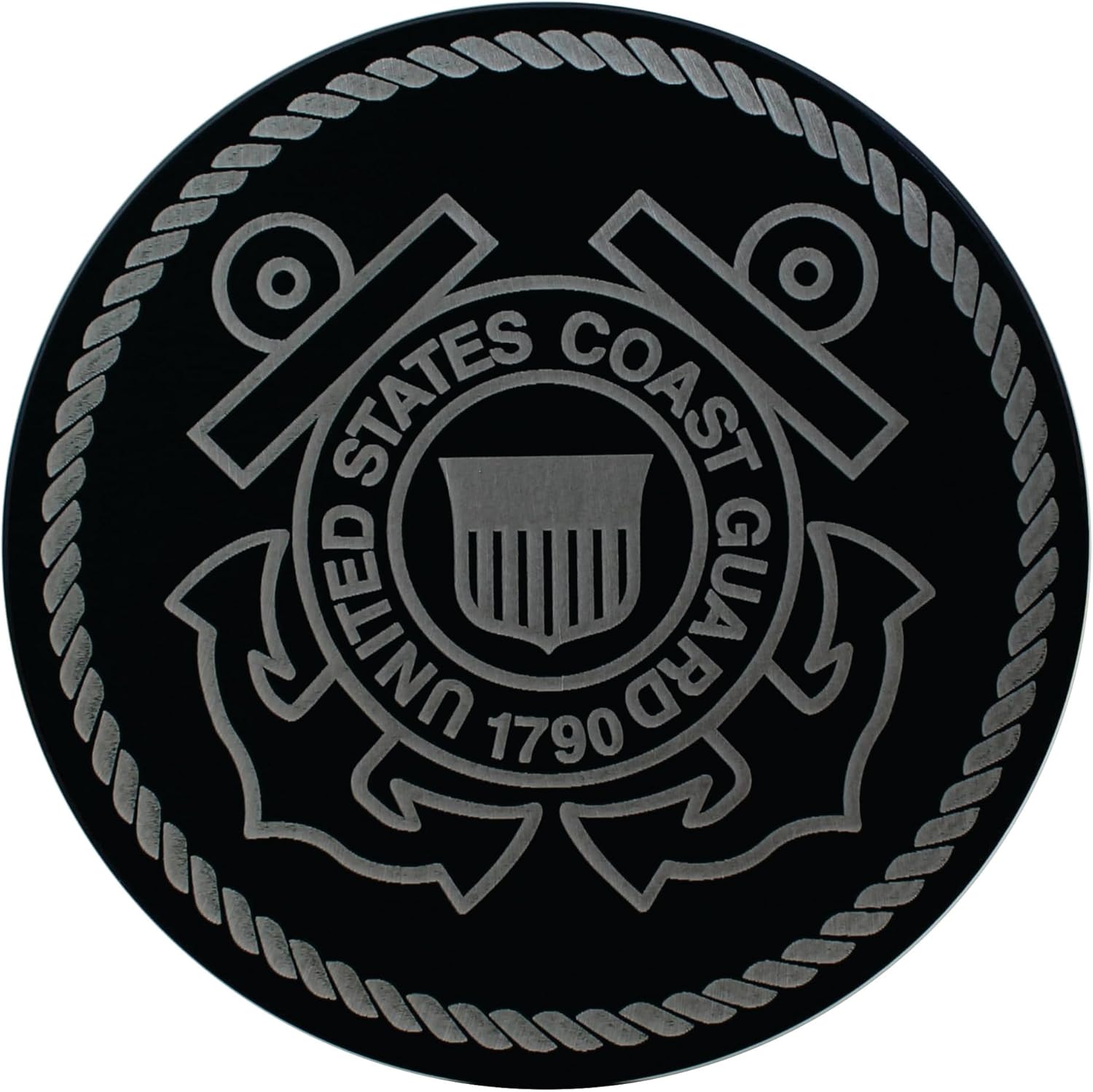 Military Hitch Covers Made in USA Machined from 1/4” Thick 6061 Aluminum in a 5” Round Design and 2” Aluminum Plug to Prevent Rust Matte Black Powder Coated and Laser Engraved (Coast Guard)