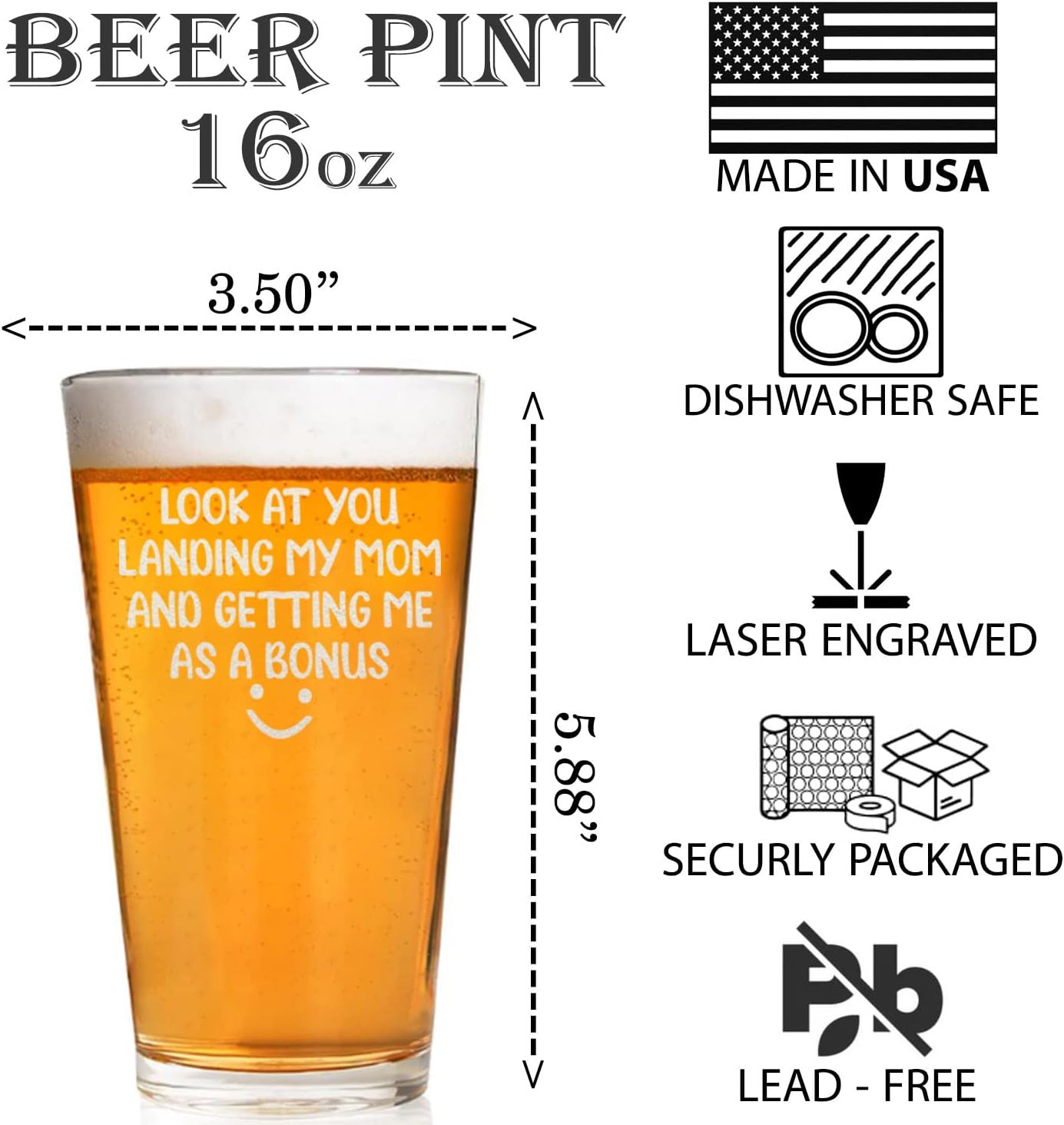 Look At You Landing My Mom And Getting Me As A Bonus 16oz Beer Glass, Father's Day Beer Pint For Dad, Bonus Dad, Birthday Gifts For Stepdad, Funny Gifts